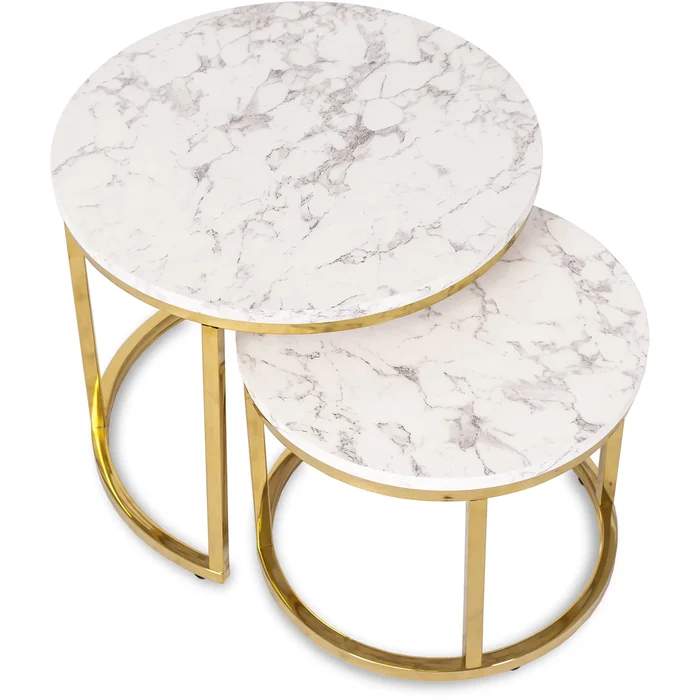 Zestaw Stolik&oacute;w Kawowych OLIS 43 cm/53 cm Biały Marmur Złoty do Salonu Glamour