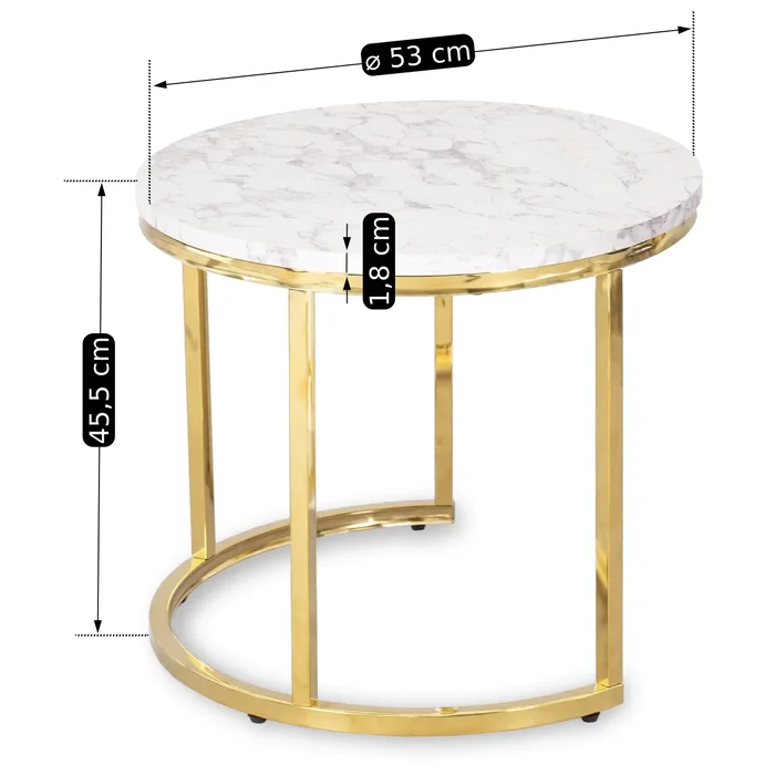 Zestaw Stolik&oacute;w Kawowych OLIS 43 cm/53 cm Biały Marmur Złoty do Salonu Glamour