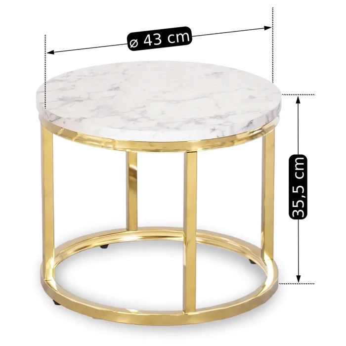 Zestaw Stolik&oacute;w Kawowych OLIS 43 cm/53 cm Biały Marmur Złoty do Salonu Glamour