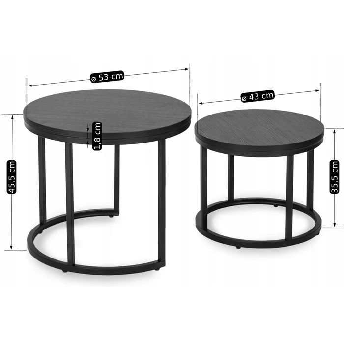 Zestaw Stolik&oacute;w Kawowych MANU 43 cm/53 cm Czarny Nowoczesny Loft