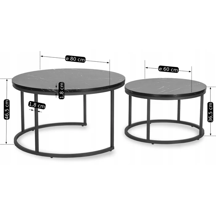 Zestaw Stolików Kawowych MAURO MAX 60 cm/80 cm Czarny Marmur Nowoczesny Glamour