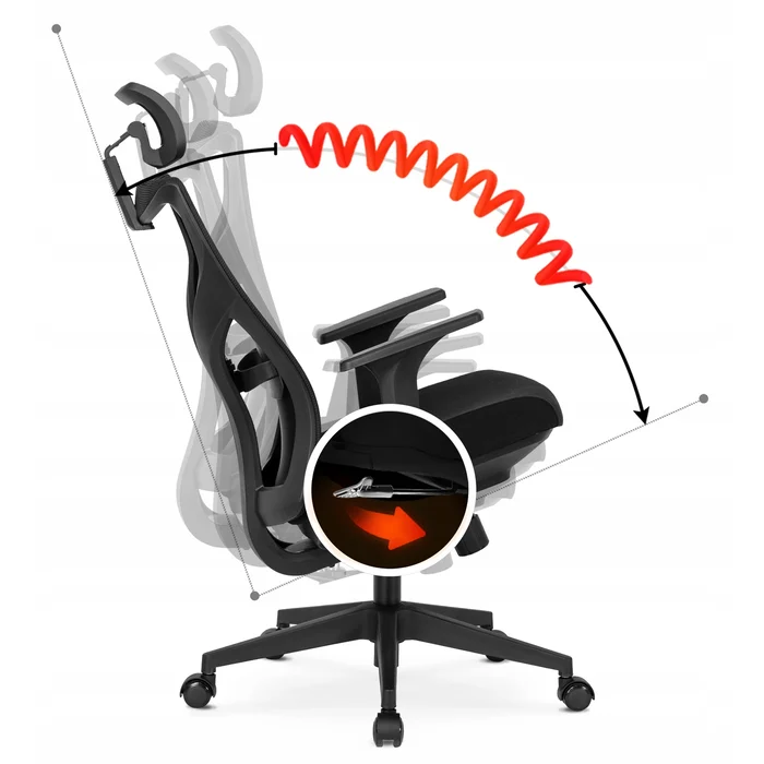 Fotel Biurowy Ergonomiczny Obrotowy SPIRAL Czarny z Zagłówkiem do Pracy