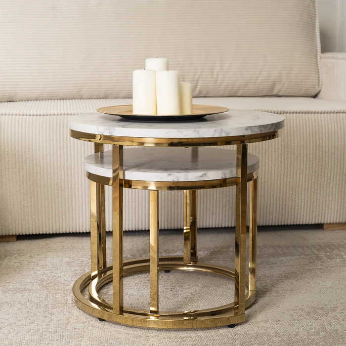 Zestaw Stolik&oacute;w Kawowych OLIS 43 cm/53 cm Biały Marmur Złoty do Salonu Glamour