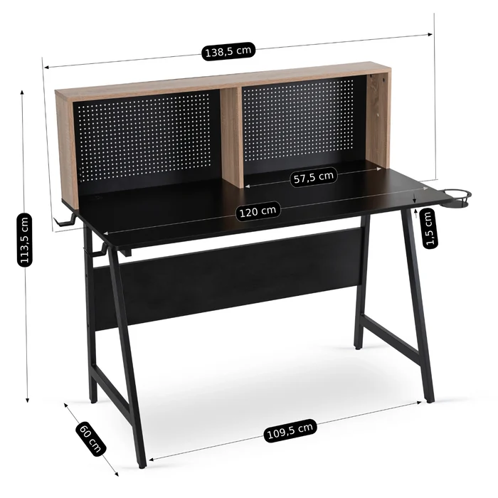 Biurko Gamingowe z Uchwytami Dla Gracza ICE 138,5 cm Czarne/Dąb Sonoma Nowoczesne Loft
